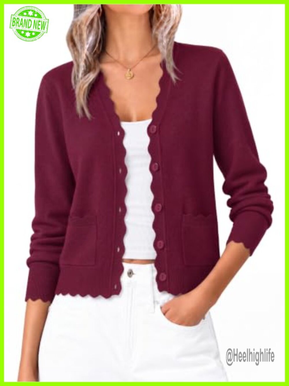 Knit Cardigan Sweater V-Neck Button Front Pockets Scalloped Trim